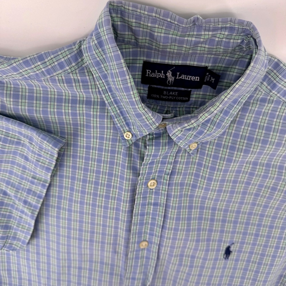 Polo Ralph Lauren Blake‎ Mens Medium Blue Green Plaid Short Sleeve Cotton Shirt